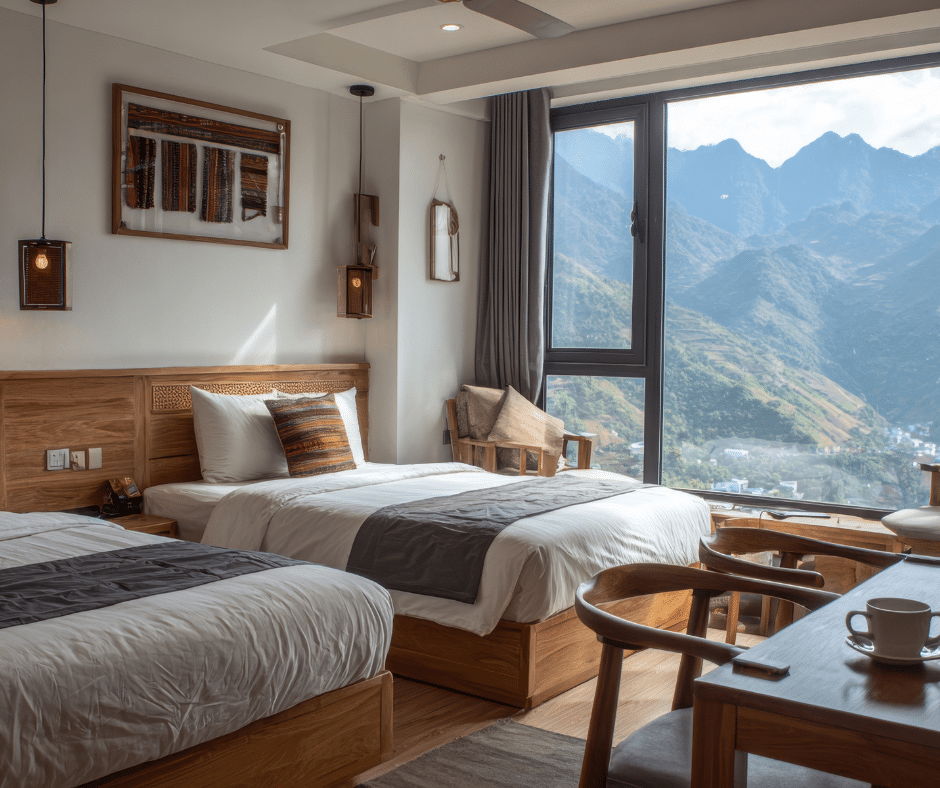 Luxury mountain hotel room with panoramic views in the Dolomites, Italy