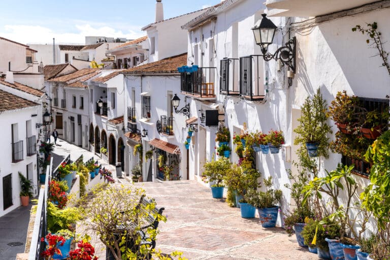 Streets of Mijas full of plants in White Villages, called Pueblos Blancos, Andalusia, Spain