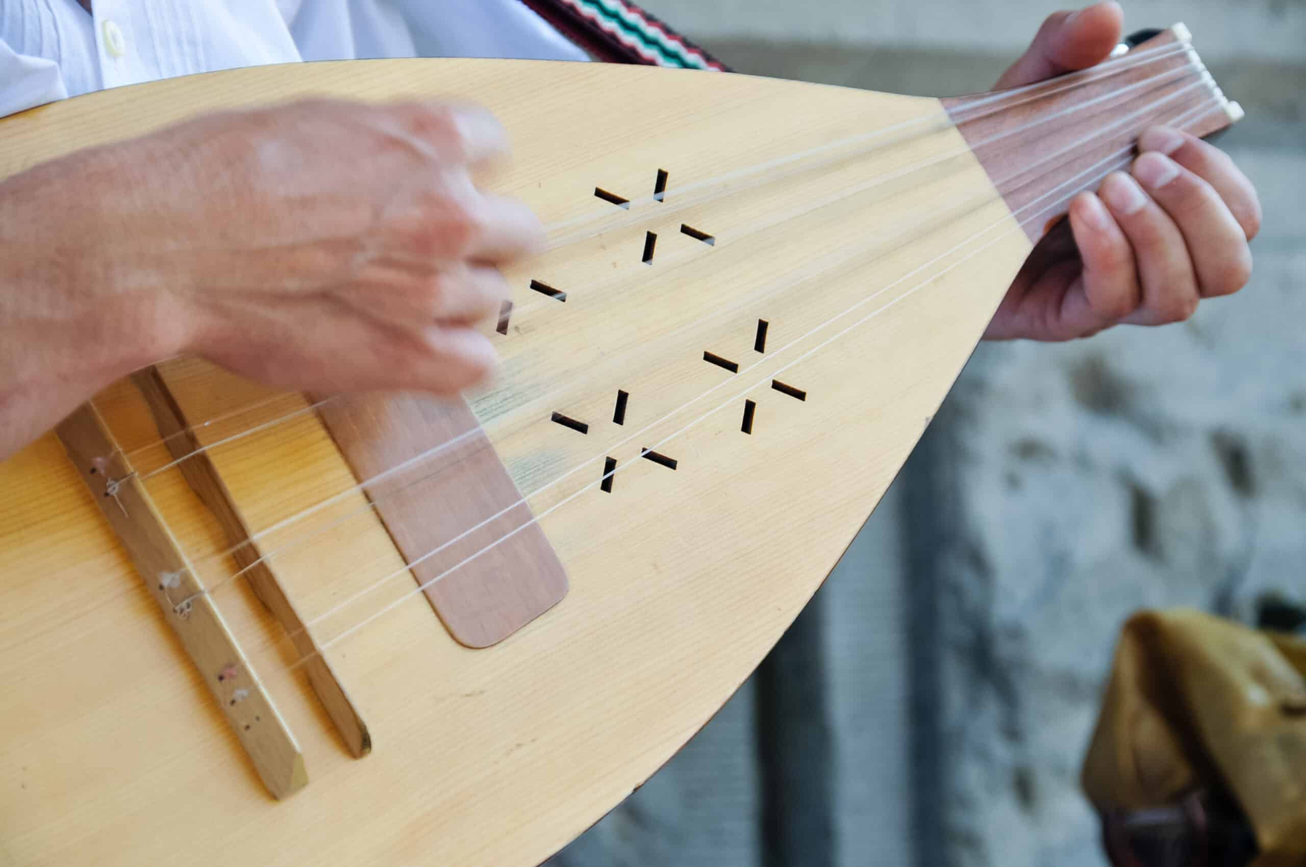 Hungarian Cobza, a fretless stringed musical instrument used for traditional folk music.