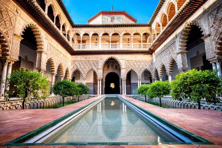 SEVILLE, SPAIN: Real Alcazar in Seville. Patio de las Doncellas in Royal palace, Real Alcazar (built in 1360), Spain