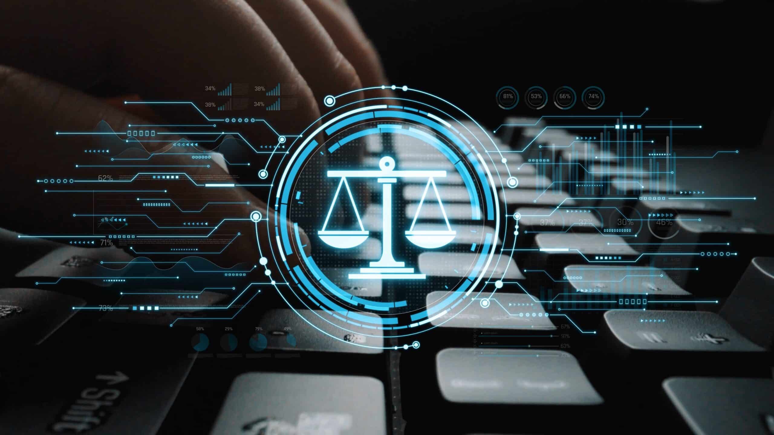 Digital Justice Concepts with Scales of Justice Symbol Over Laptop Keyboard Representing Law and Technology Integration in Modern Society Sigmoid