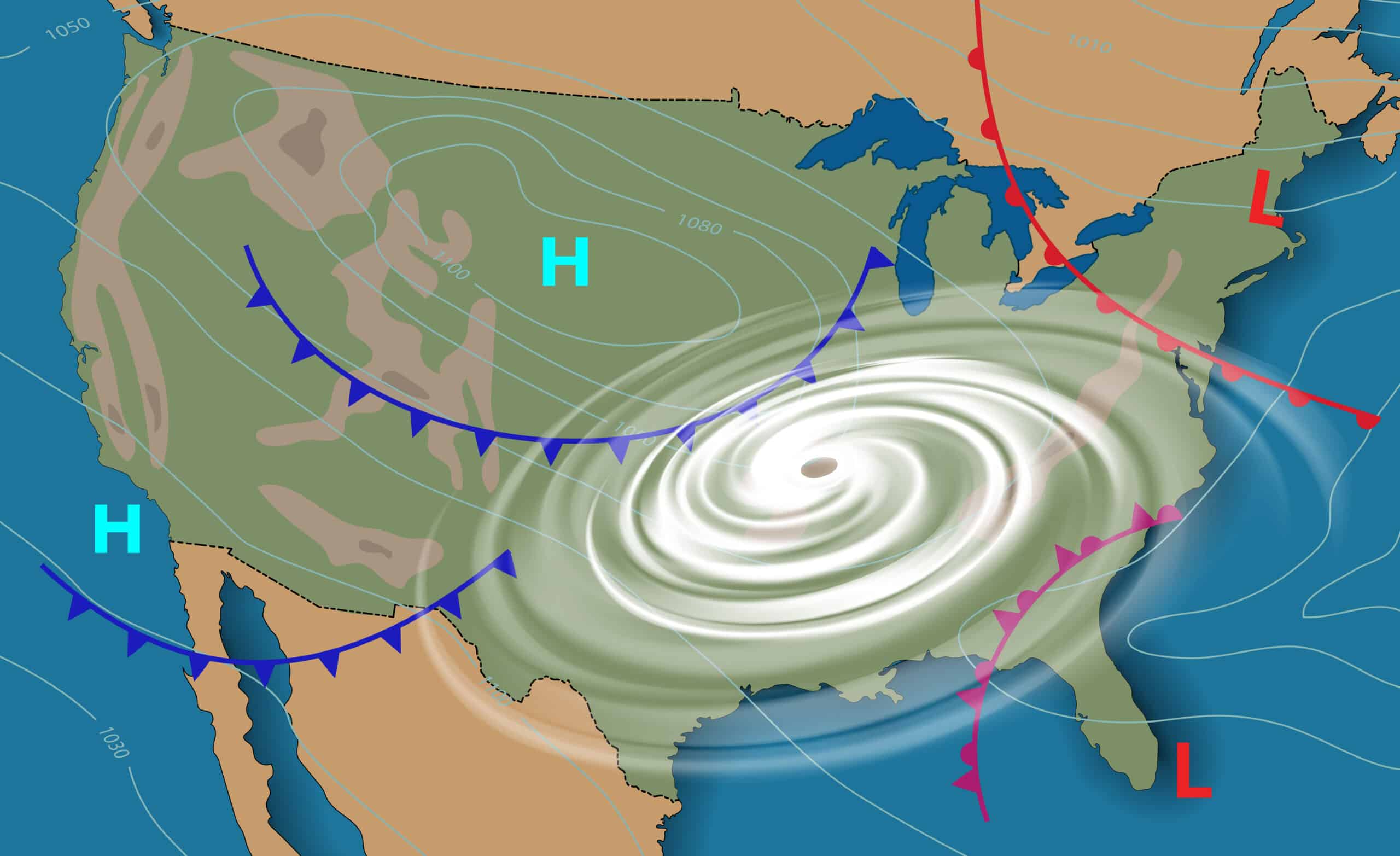 Weather map of the United States of America. Meteorological forecast . Editable vector illustration of a generic weather map showing with tornado, isobars and weather fronts