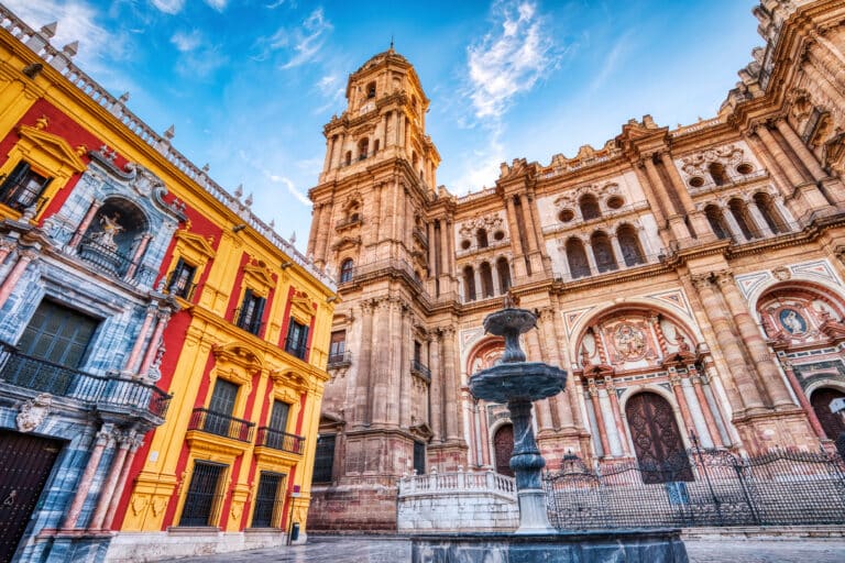 Malaga Cathedral from Plaza Del Obispo at Sunrise with Blue Sky, Malaga, Andalusia