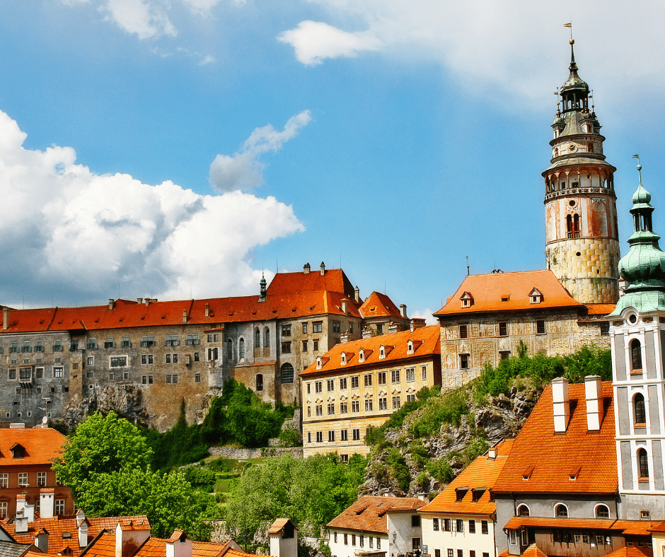 medieval town with traditional house and tower of Cesky Krumlov castle