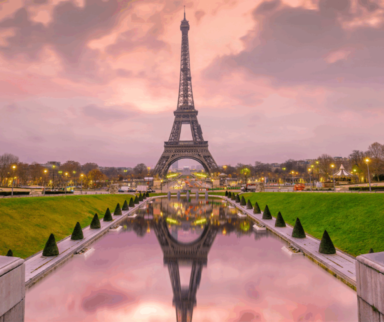 Eiffel Tower at sunrise from Trocadero Fountains in Paris