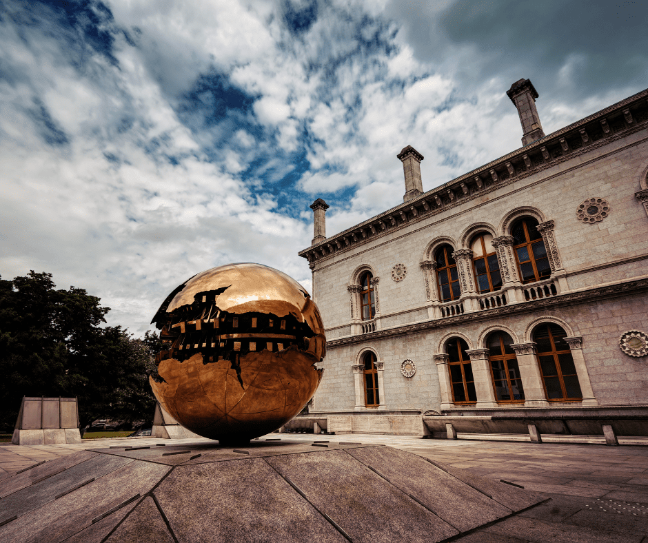 Sphere Within Sphere sculpture by Arnaldo Pomodoro on the grounds of Trinity College Dublinphere Within Sphere sculpture by Arnaldo Pomodoro on the grounds of Trinity College Dublin