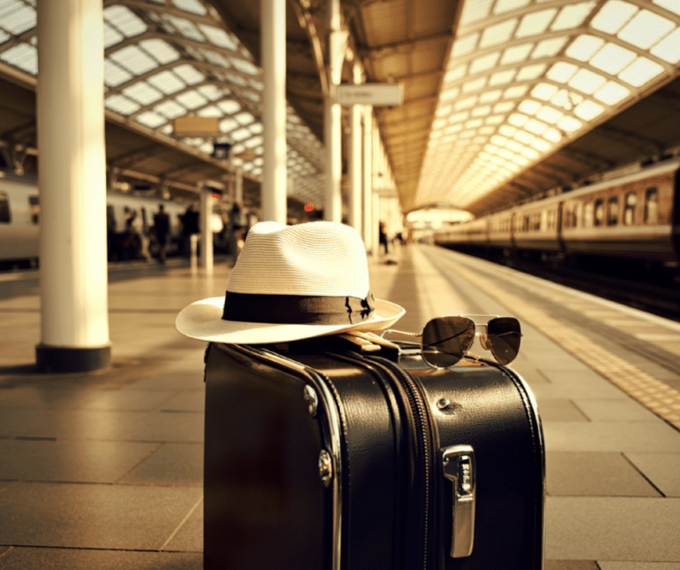 Suitcase on a European train platform at golden hour, capturing the start of an effortless weekend escape in Europe