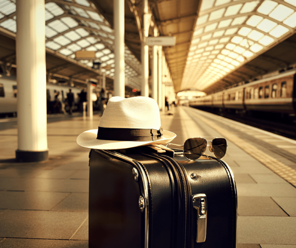 Suitcase on a European train platform at golden hour, capturing the start of an effortless weekend escape in Europe
