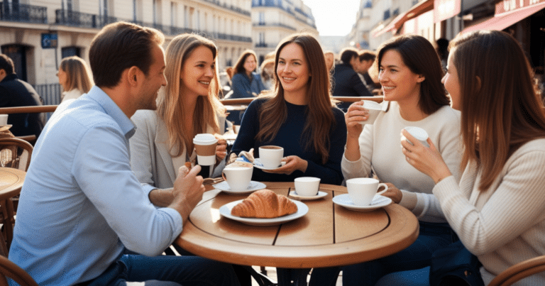 People enjoying croissants at a Paris café, reflecting the slower dining culture that surprises many Americans in Europe