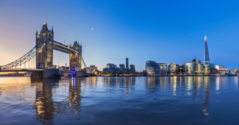 London skyline along the River Thames at sunset with Big Ben and Westminster