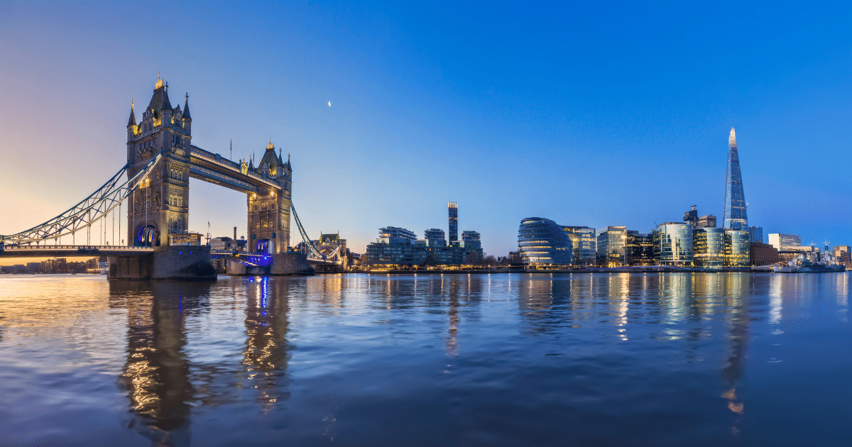 London skyline along the River Thames at sunset with Big Ben and Westminster