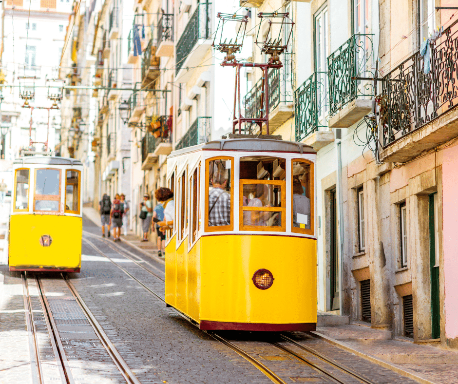 Street view of Lisbon, Portugal, featuring the famous yellow funicular tram, a highlight of Portugal travel 2025.